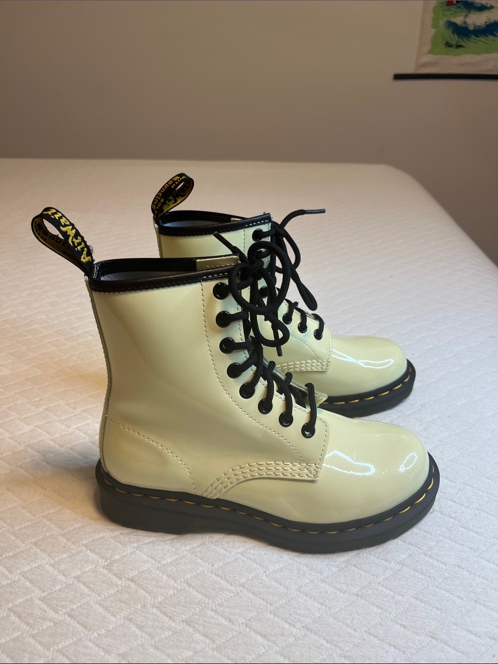 Dr. Martens 8-Eye Lace-Up Boots in Pale Yellow Patent, Ladies 5